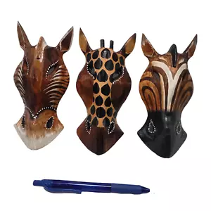 Giraffe Horse Hand Carved Animal Wood Masks Safari Wall Decor Hanger Set 3 8 in - Picture 1 of 13