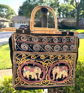 Puffy Elephant Tote Purse 12"x13.5"x3" India 3D Twin Handles Embroidered Pockets - Picture 1 of 12