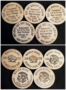 Illinois State Fair Chicago, IL Wooden Nickels Nolan's Cut Out Coins set di 5  - Foto 1 di 3