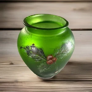 Art Nouveau Rare Green Glass Vase Original Art Signed Gallery Piece Seasonal 3" - Picture 1 of 20