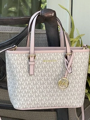 MICHAEL KORS JET SET TRAVEL XS ZIP CROSSBODY TOTE BAG MK VANILLA PINK SIGNATURE - Image 1 of 4
