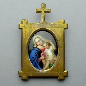 French, Antique Religious Wall Altar. Saint Virgin, Jesus. Hand painted enamel. - Picture 1 of 12