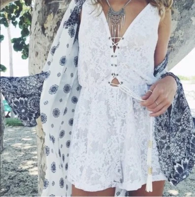 LF Millau White Lace Lace Up Romper $188 - Image 1 of 4