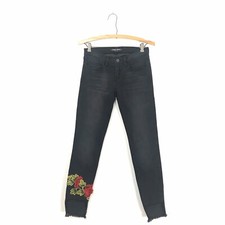 Etienne Marcel Women's 24 Black Skinny Jeans Floral Embroidered Raw Step Hem B9