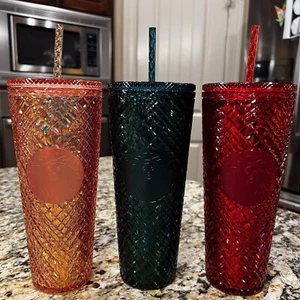 Starbucks Winter Holiday Jeweled Tumbler 24oz LOT OF 3 RED GREEN PINK BRAND NEW - Picture 1 of 12