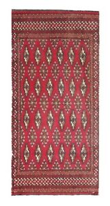 Oriental Rug Vintage Handwoven Traditional Red Beige Wool Carpet 60x100cm