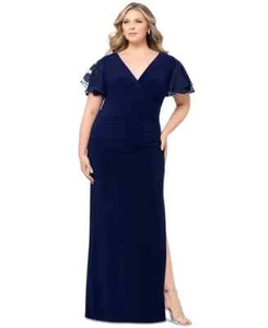Betsy & Adam Navy Blue Sequin V-Neck Flutter Sleeve Gown Size 20W $199 - Picture 1 of 3