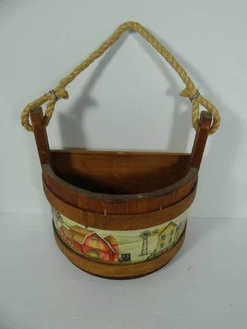 Vintage 1/2 Wood Basket Basketville Putney VT Painted Farm Scene Rope Handle Cover