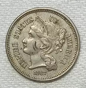 1867 Post US Civil War 3 cent US Coin Nickel Better Date 3c - Picture 1 of 4