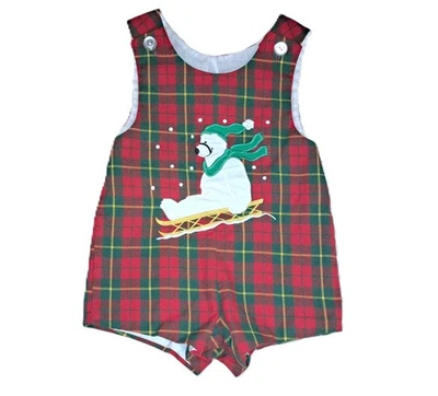 Boys vtg KELLY'S KIDS plaid romper 2T Christmas tartan plaid polar bear applique - Image 1 of 4