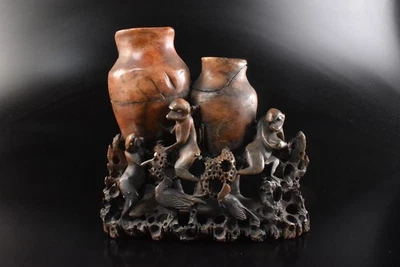 U9861: Jarrón de flores escultura flor mono piedra japonés Ikebana Foto 1 de 4