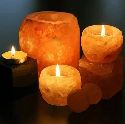 Two-2 Himalayan Salt Crystal Tea Light Candle Holder Amber Glow With Votive New - Image 1 of 4