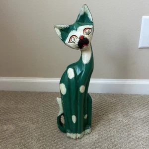 Vintage Green Wooden Hand Carved And Painted Large Standing Cat 15” Tall - Picture 1 of 3