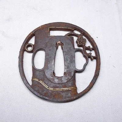 B0911e: Guardia espada japonesa de hierro antiguo real TSUBA con gran calado de bambú Foto 1 de 4