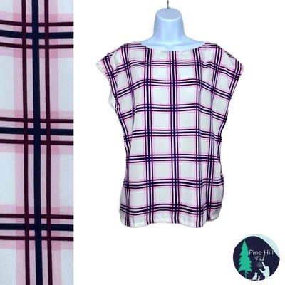 Tommy Hilfiger Blouse Womens Medium Plaid Pink Navy Blue White Cap Sleeves EUC - Image 1 of 4