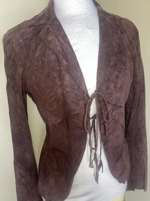 VTG Y2K Dark Brown Suede Goat Leather Jacket Large Open Corset Tie Back Hippie - Image 1 of 4