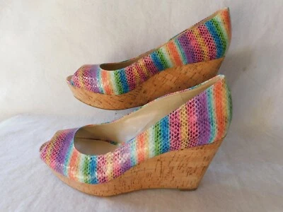 Nine West Retro Cork Wedges 8.5 M Striped Multi Color Summer Colourful - Image 1 of 4