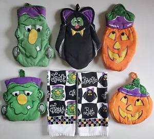 7 Franco Halloween Oven Mitts Potholders Towels Monster Bat Pumpkin Vtg - Picture 1 of 23
