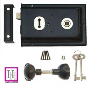 Rim Lock Set 6"x 4" Deadbolt -/+ Brass, Chrome, Black, Cast Iron Knobs / Handle - Picture 1 of 19