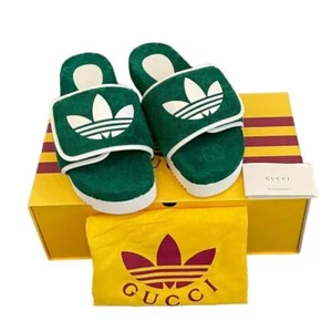 GUCCI x ADIDAS Women's GG Platform Sandals Green Cotton Sponge Sz 41| US 11 NEW - Picture 1 of 15