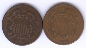 Lot of TWO (2) - Two Cent Copper Coins + 1864 & 1865 + No Reserve! - Picture 1 of 2