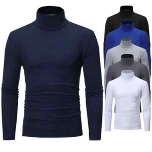 New Fashion Base Tee Shirt Men Slim Fit Polyester High Neck Pullover Turtleneck - Picture 1 of 31