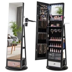 Lockable 360° Swivel Jewelry Organizer Cabinet W/LED Lights & Full-Length Mirror - Picture 1 of 10