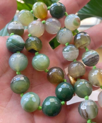 14mm Natural Faceted Green Striped Agate Onyx Gemstone Round Beads Necklace 20" - Image 1 of 4