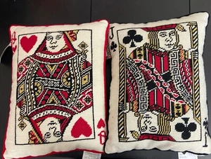 Jack Clubs QUEEN Of HEARTS Needlepoint Throw Pillow Velvet Backed RARE Cards Vtg - Picture 1 of 12