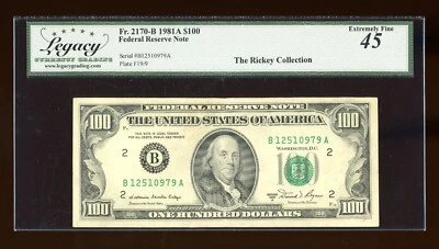 DBR 1981-A $100 New York Fr. 2170-B Legacy 45 Serial B12510979A - Image 1 of 2