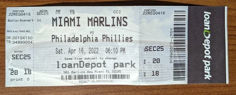 Miami Marlins Ticket Stub 04-16-22 vs Philadelphia Phillies - Lot #2 - Fast Ship Cover