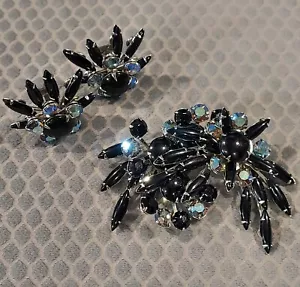 Vintage Juliana Black Aurora Borealis Rhinestone Spray Brooch Earrings Set 1960s - Picture 1 of 8