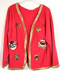 Women's Casual Handmade Red Christmas Decals Sequin Sparkling Cardigan Sweater - Picture 1 of 7