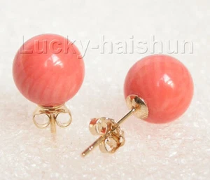 Pendientes redondos de coral rosa rosa 14K poste j8100 - Imagen 1 de 1
