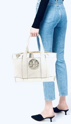 BOLSO DE MANO $350 TORY BURCH LOGO BEIGE LONA X METAL ORO ROSA RIBETE CUERO Foto 1 de 4