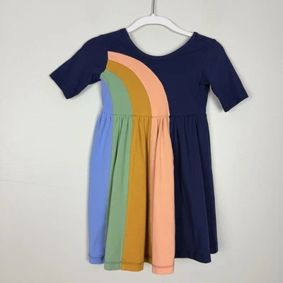 Hanna Andersson Girls Rainbow Stripe Skater Dress Sz 4T Colorful Short Sleeve - Image 1 of 4