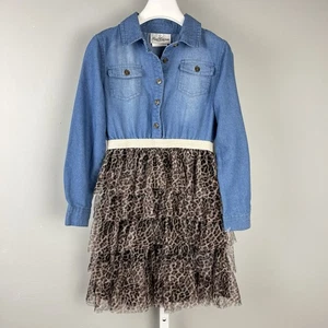 Girls Rare Editions Dress Size 8 Denim Leopard Print Mesh Tiered Cowgirl Chic - Picture 1 of 7