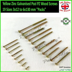 Yellow Zinc Galvanised Pozi PZ Wood Screws 19 Sizes 3x12 to 6x130 mm "Packs" - Picture 1 of 1