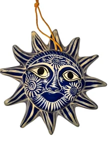 5" mexican Blue terracotta Ceramic Sun Wall Hanging Handcrafted folk Art - Picture 1 of 4