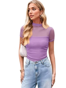 Damen Rollkragenpullover mit Kurzen Ärmeln, Transparentes Netz, Gerüscht, T5348 - Bild 1 von 6