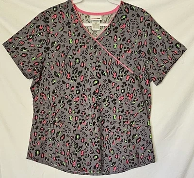 ScrubStar Ladies Medical Wear Gray w/Scattered Pink Blk Grn Sz Med Front Pockets - Image 1 of 4
