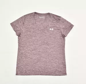Under Armour Women's T Shirt Short Sleeve V Neck Polyester Red Size L Loose Heat - Picture 1 of 7