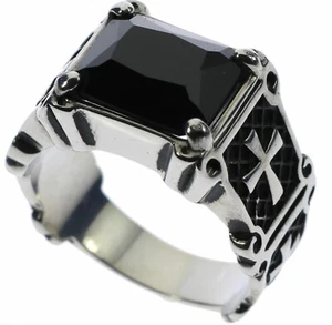 Knights Templar Cross 6 carat Black Onyx Stainless Steel Men's Ring Size 10 T38 - Picture 1 of 3