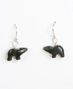 Jade Green 8 x 13mm Bear Hand Carved Gemstone .925 Sterling Silver Earrings 3/4" - Picture 1 of 3