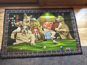 Vintage Velvet Wall Hanging Tapestry DOGS Playing BILLIARDS POOL TAPESTRY 57x40 - Picture 1 of 4