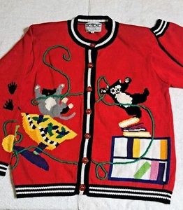 Vtg Berek2 Cotton Wild Crazy Playful Cats Kittens Red Cardigan Sweater Large - Picture 1 of 8