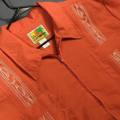 Haband Guayabera Shirt Men's XXL Coral Zip Up Short Sleeve White Embroidery - Image 1 of 4