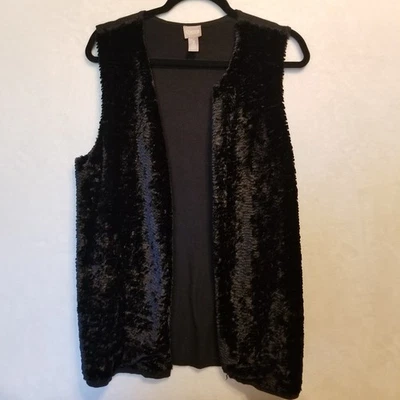 Chicos 2 (L) Vest Black Faux Fur Sleeveless Open Front Holliday Mob Wife - Image 1 of 4