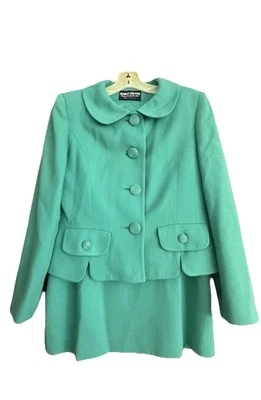 Vintage Herbert Grossman Dsngd By Cynthia Sobel 2 Piece Green Skirt Suit 8 Wool - Image 1 of 4