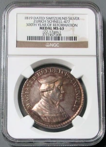1819 SILVER ZURICH SWITZERLAND 300TH YEAR OF REFORMATION NGC MINT STATE 63 - Picture 1 of 2